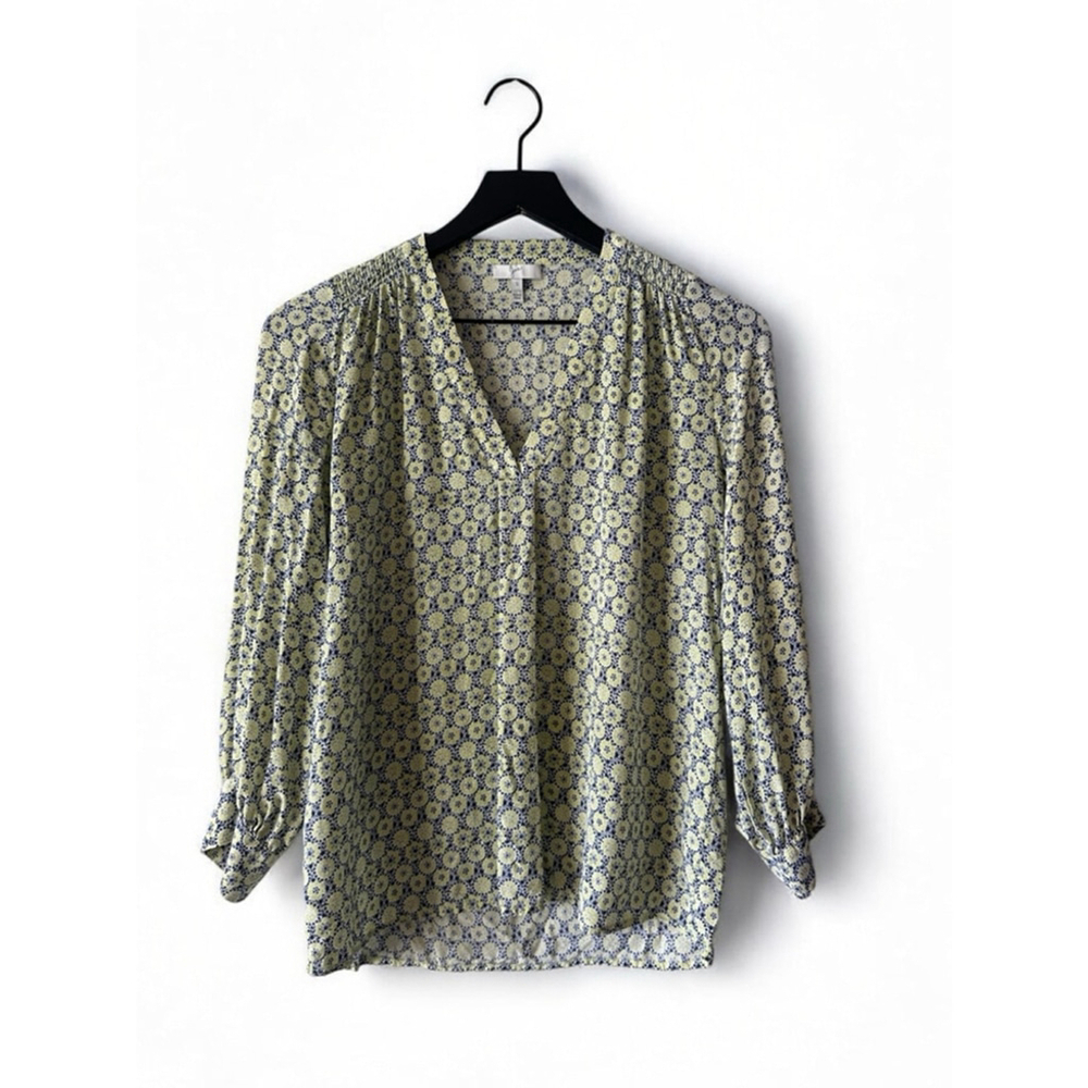 Joie Silk Boho Floral Blouse Small – Yellow & Navy Print V-Neck Long Sleeve